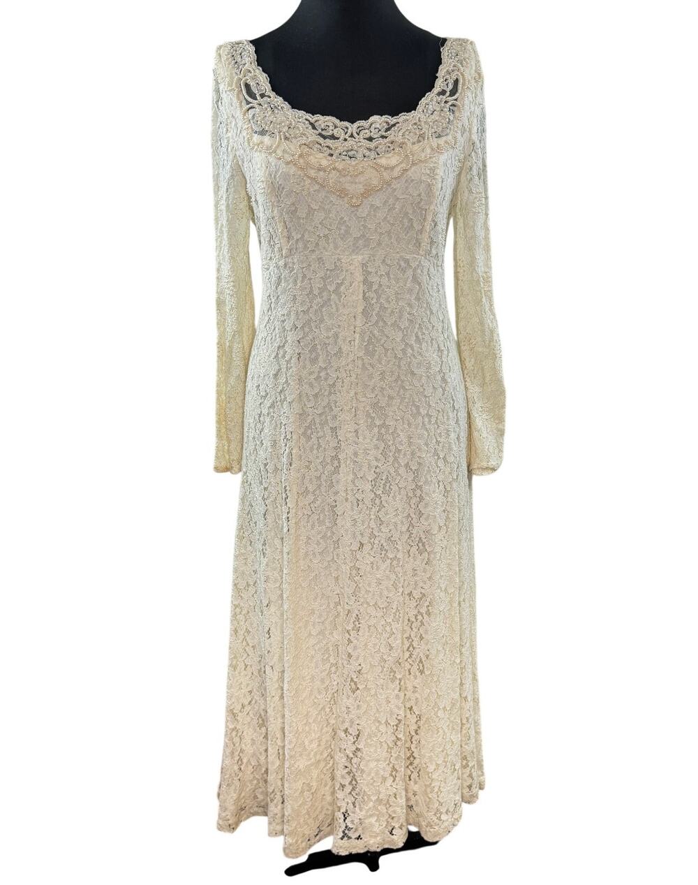 VTG Marie St. Claire Victorian Wedding Dress Lace Beaded Pearl Floral Ivory 12